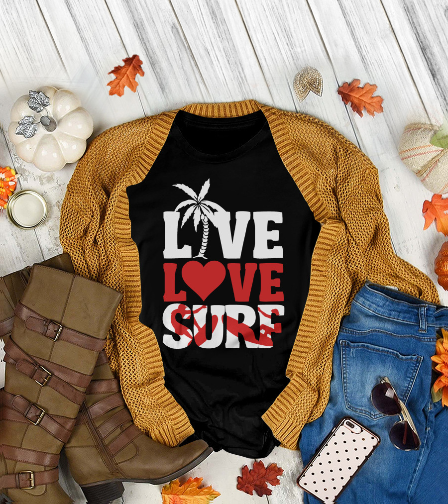 Live Love Surf Palm Tree Heart Ocean Waves T-Shirt