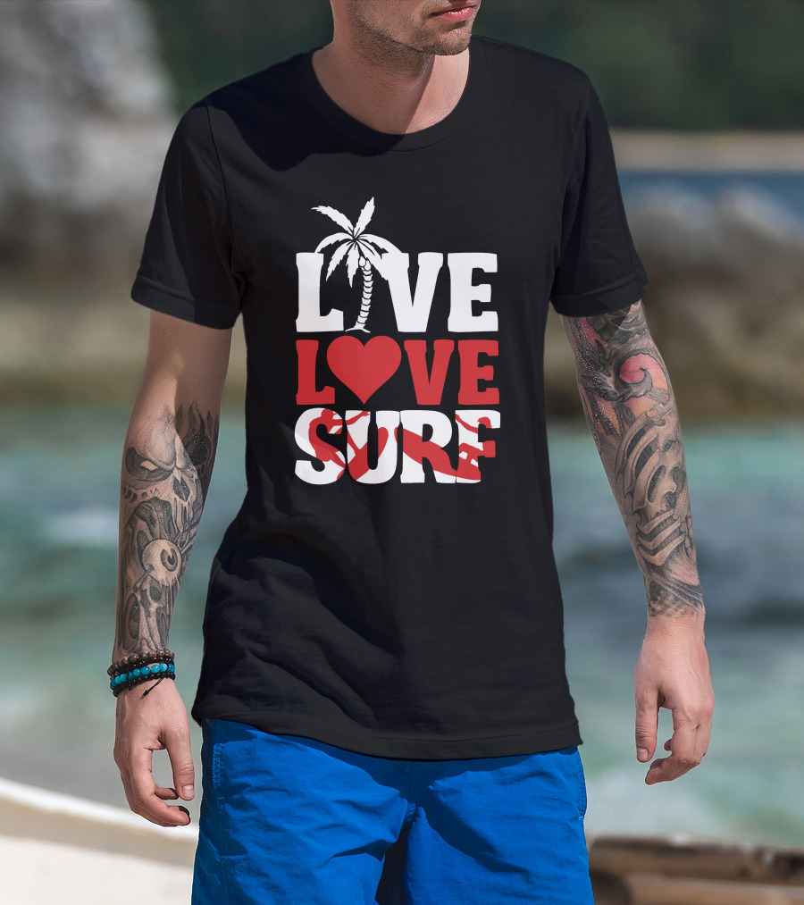 Live Love Surf Palm Tree Heart Ocean Waves T-Shirt