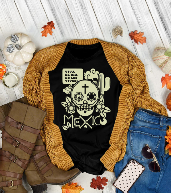 Viva El Día De Los Vivos Skull Cactus Mexico T-Shirt
