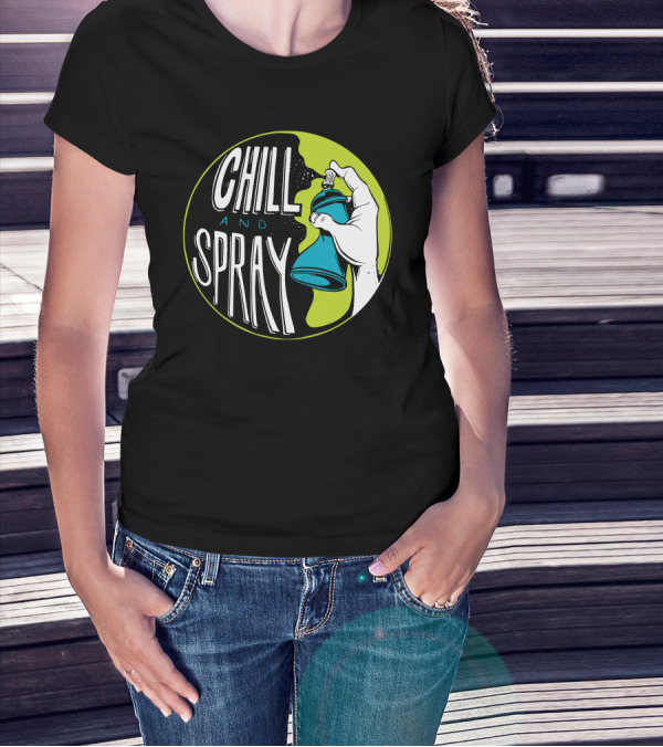 CHILL AND SPRAY Hand Holding Blue Can T-Shirt