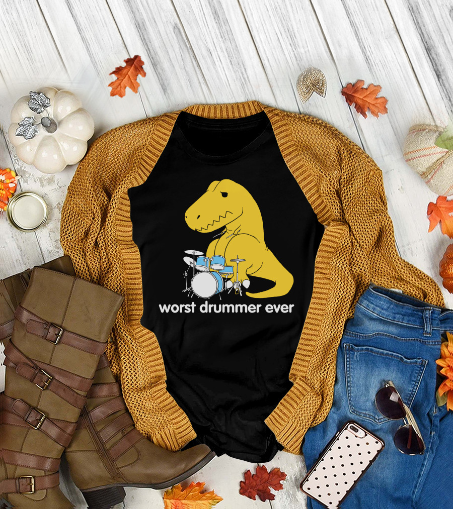 Worst Drummer Ever T-Rex with Drum Set T-Shirt