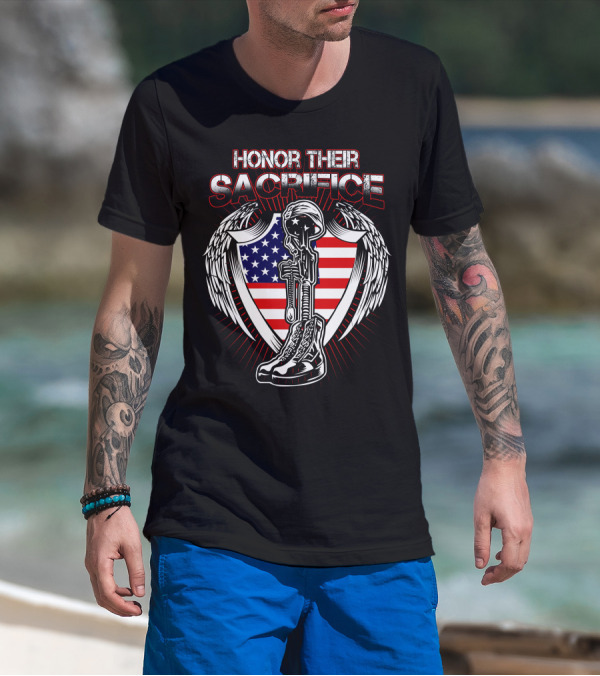 HONOR THEIR SACRIFICE American Flag Winged Soldier Memorial Helmet And Boots T-Shirt
