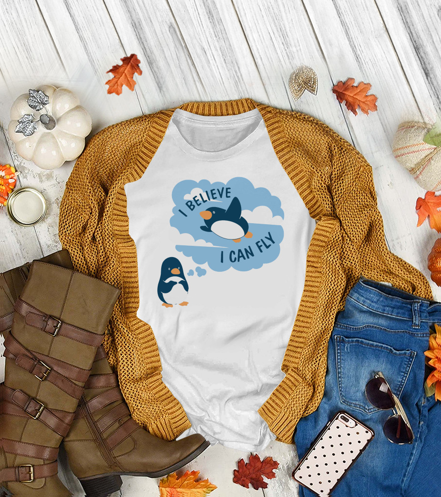 I Believe I Can Fly Penguin Dreaming Clouds T-Shirt
