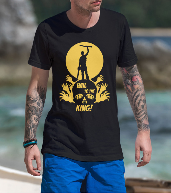 Hail To The King Skeleton Moon Chainsaw Hero With Zombie Hands T-Shirt