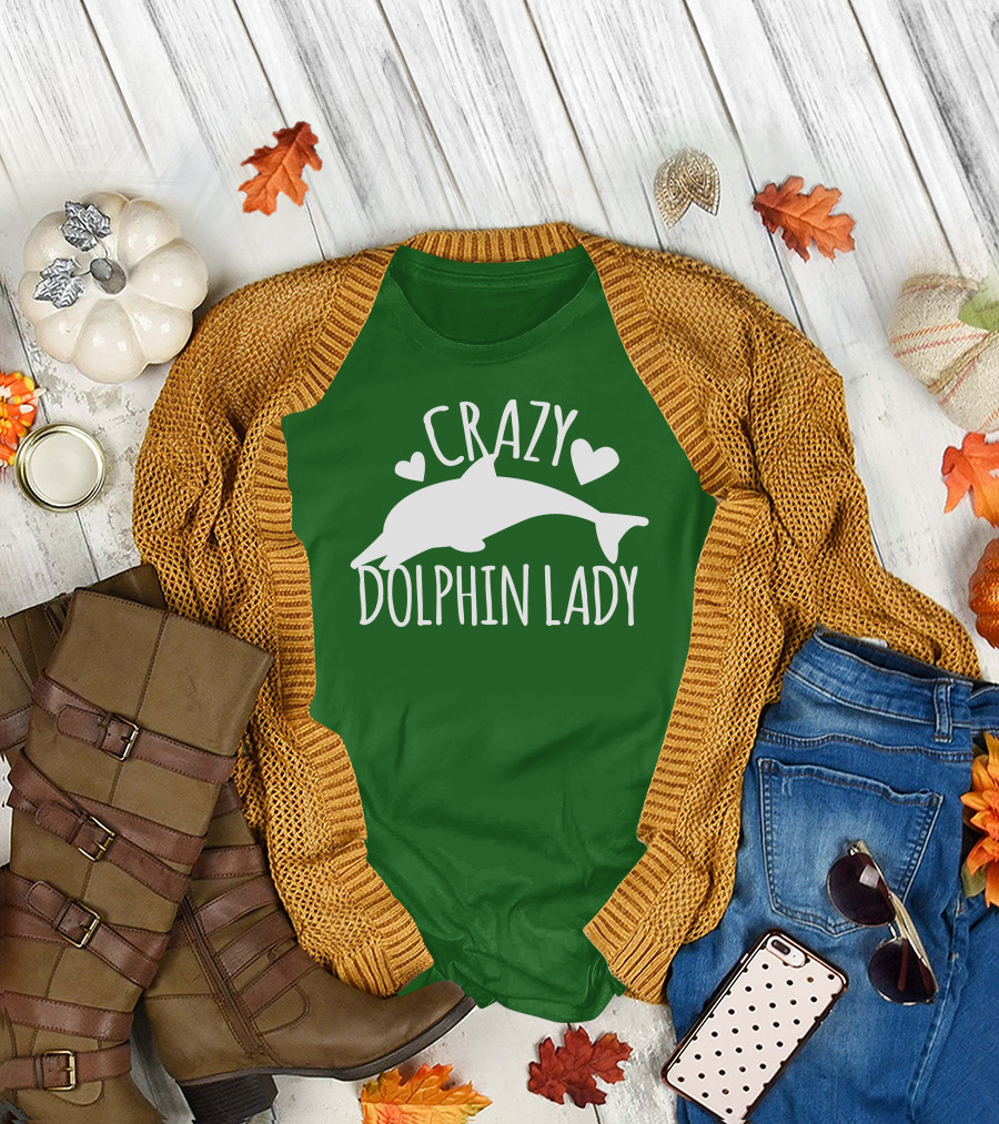 CRAZY DOLPHIN LADY Hearts and Dolphin Silhouette on Green T-Shirt