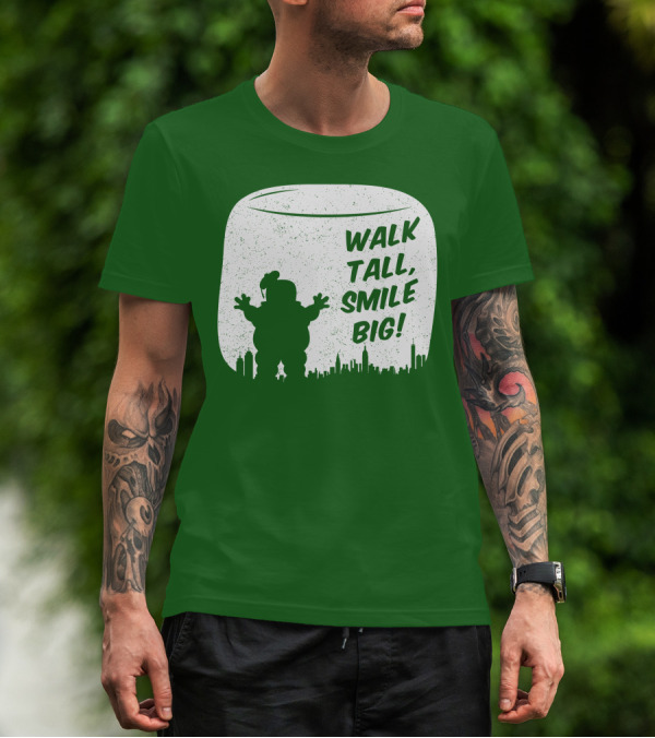 WALK TALL SMILE BIG Stay Puft Marshmallow Man City Skyline T-Shirt