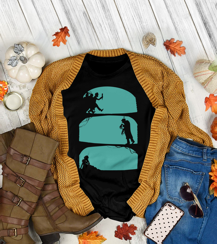 Hunt the Zombie Silhouette Chase with Weapon, Creeping Figure, and Hiding Woman T-Shirt