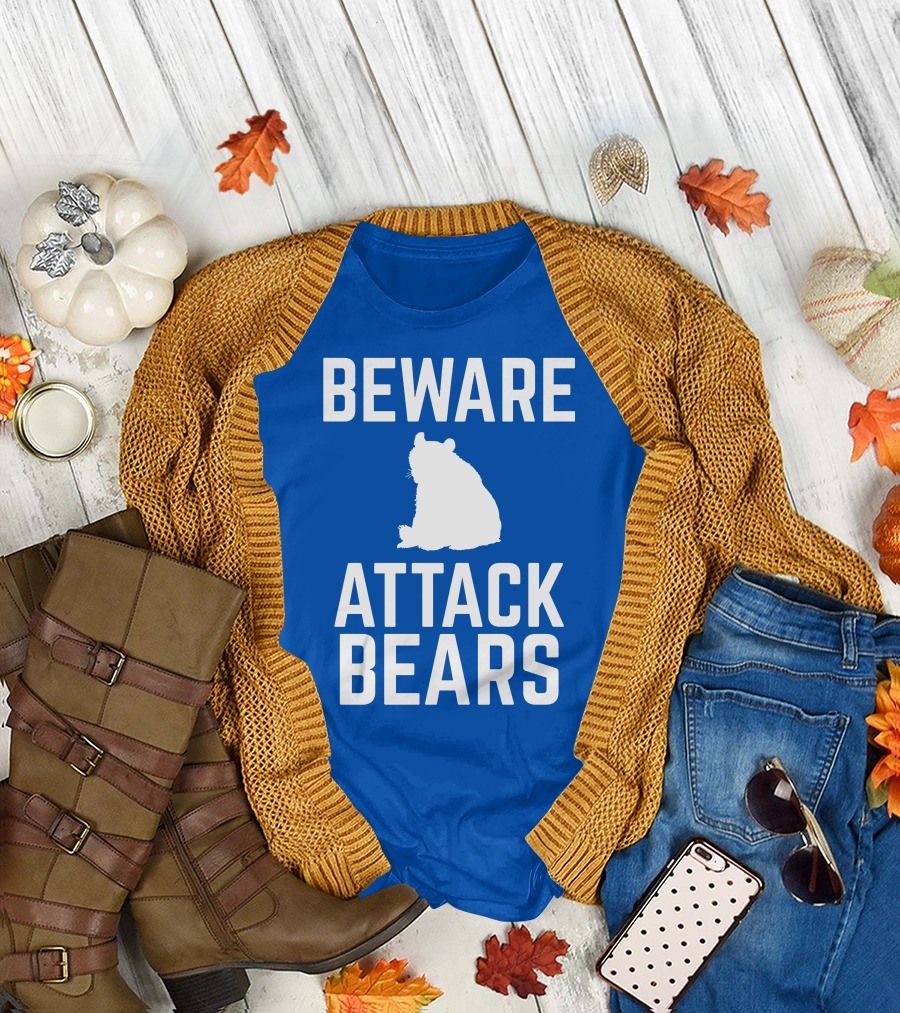 BEWARE ATTACK BEARS Silhouette Blue Background T-Shirt