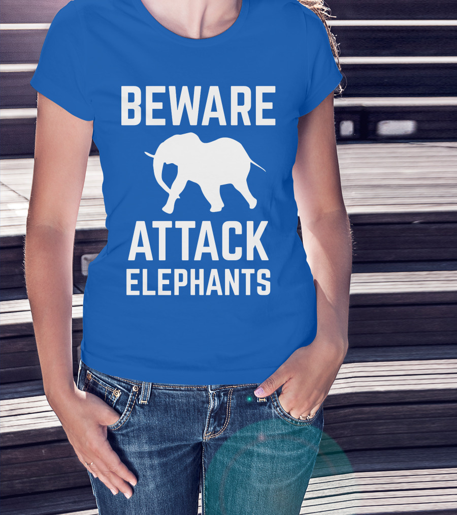 BEWARE ATTACK ELEPHANTS Blue Background White Elephant T-Shirt
