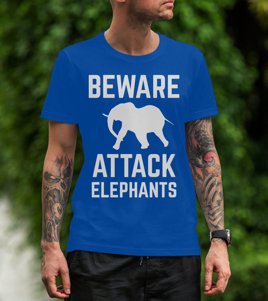 BEWARE ATTACK ELEPHANTS Blue Background White Elephant T-Shirt