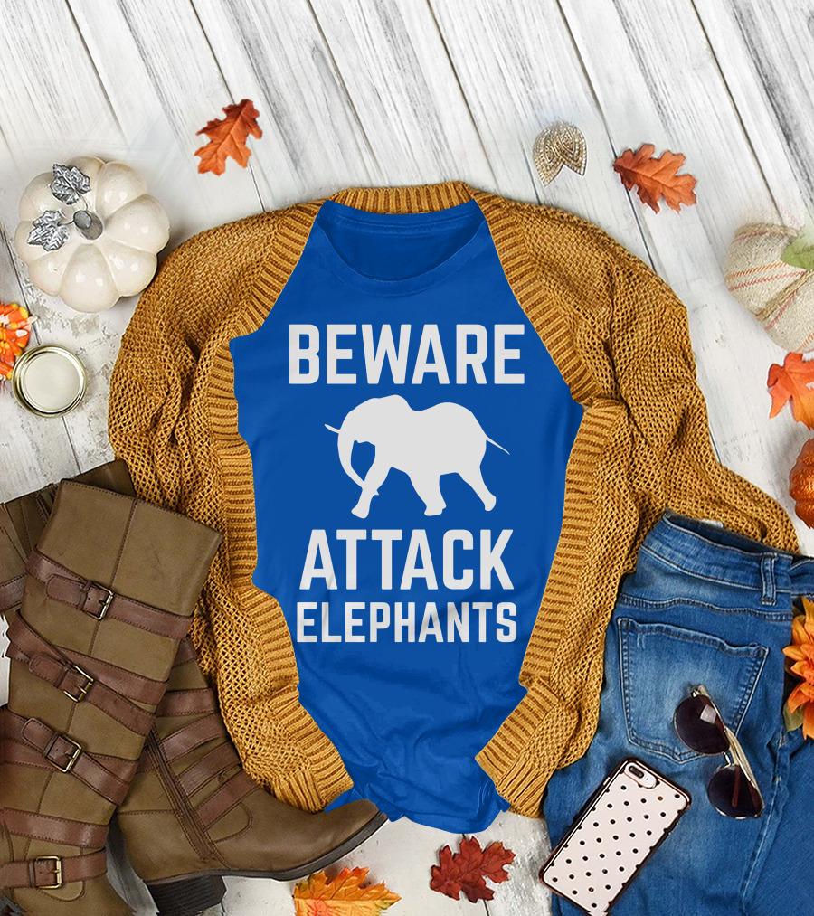 BEWARE ATTACK ELEPHANTS Blue Background White Elephant T-Shirt