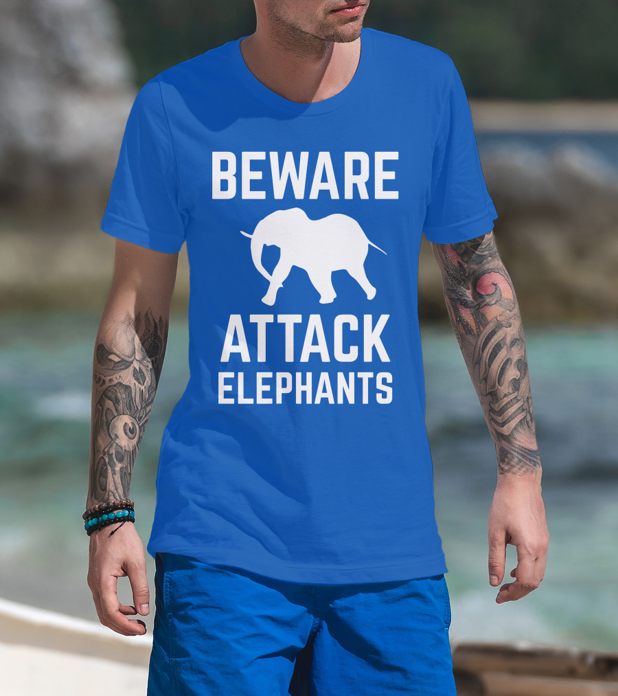 BEWARE ATTACK ELEPHANTS Blue Background White Elephant T-Shirt