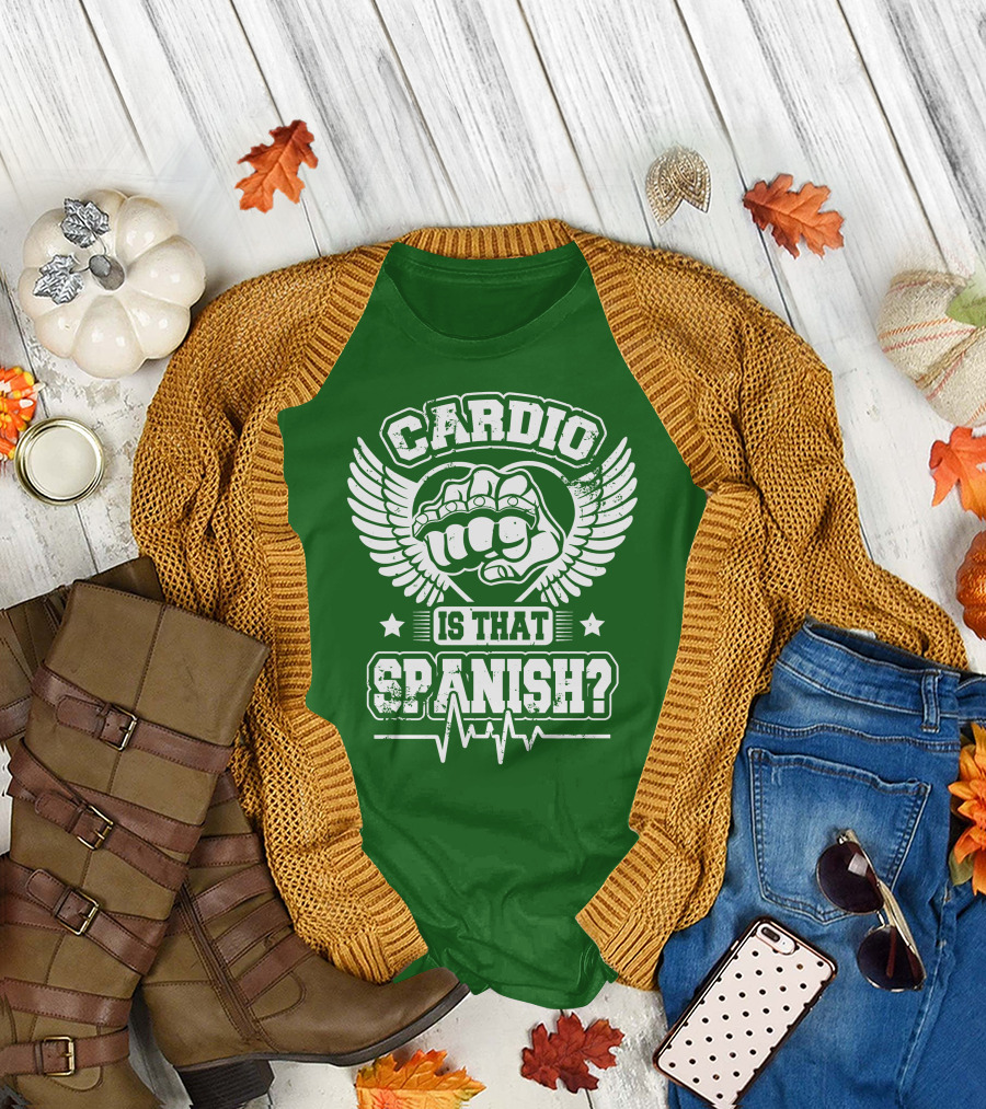 Cardio Is That Spanish Bold Fist and Wings with Heartbeat Line T-Shirt