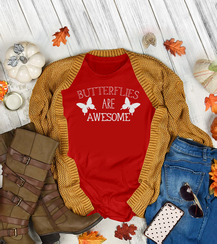 Butterflies Are Awesome Bold Text with Butterfly Silhouettes on Red T-Shirt