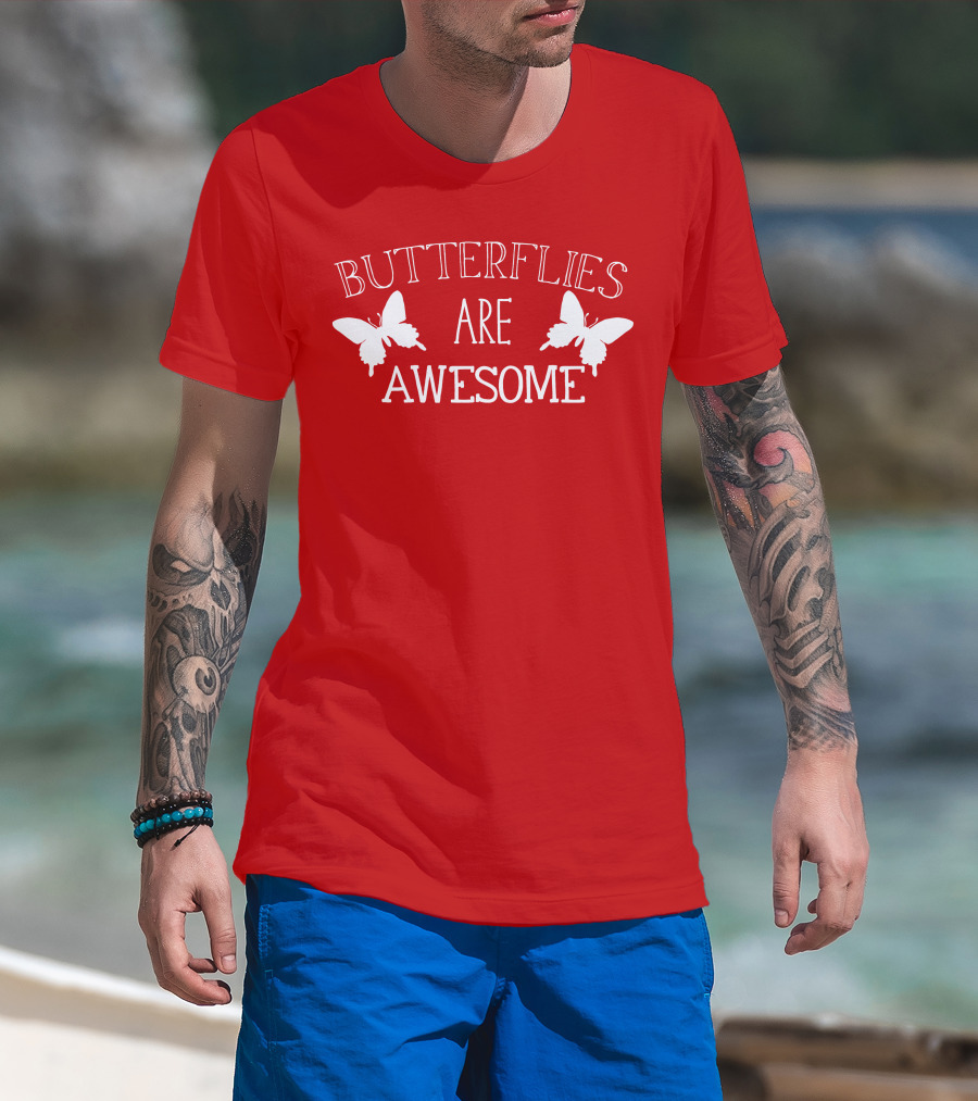 Butterflies Are Awesome Bold Text With Butterfly Silhouettes On Red T-Shirt