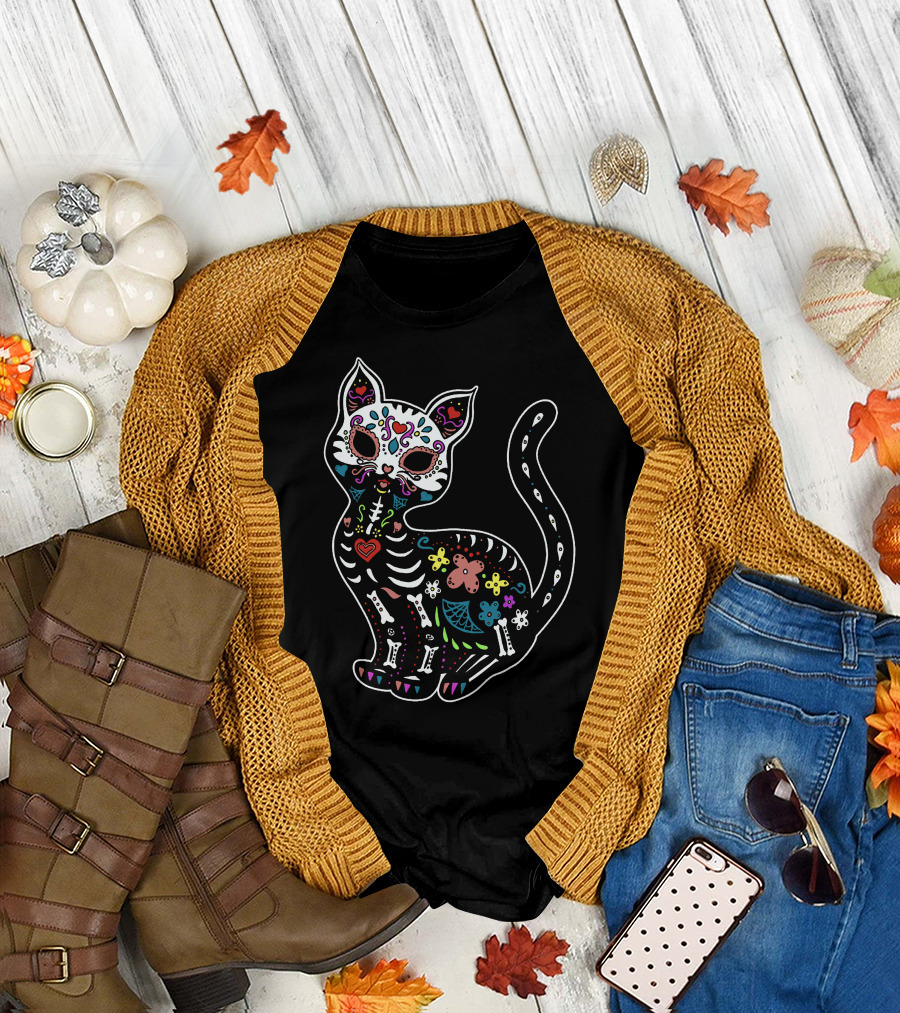 Calavera Cat Dia de los Muertos Sugar Skull Colorful Skeleton Decor T-Shirt