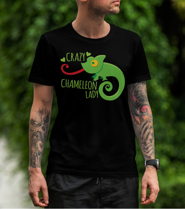 CRAZY CHAMELEON LADY Green Cartoon With Hearts T-Shirt