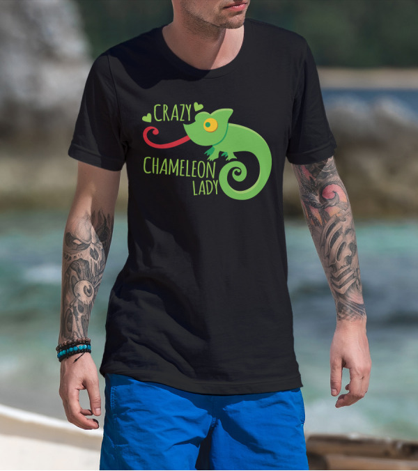 CRAZY CHAMELEON LADY Green Cartoon With Hearts T-Shirt
