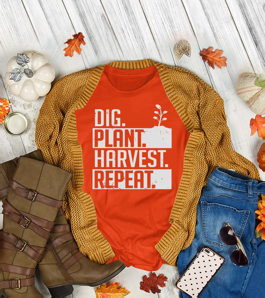Dig Plant Harvest Repeat Gardening Cycle with Sprout T-Shirt