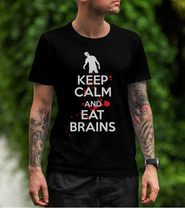 Keep Calm And Eat Brains Zombie Blood Splatter T-Shirt