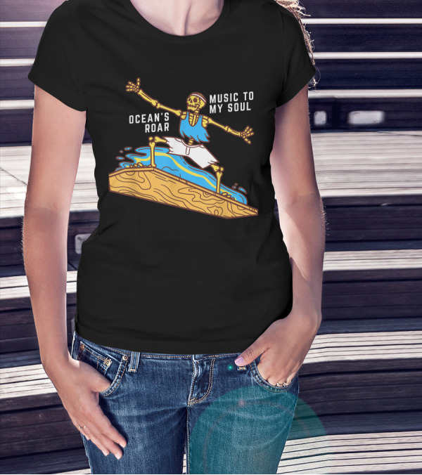 Ocean's Roar Surfing Skeleton Music To My Soul Summer T-Shirt
