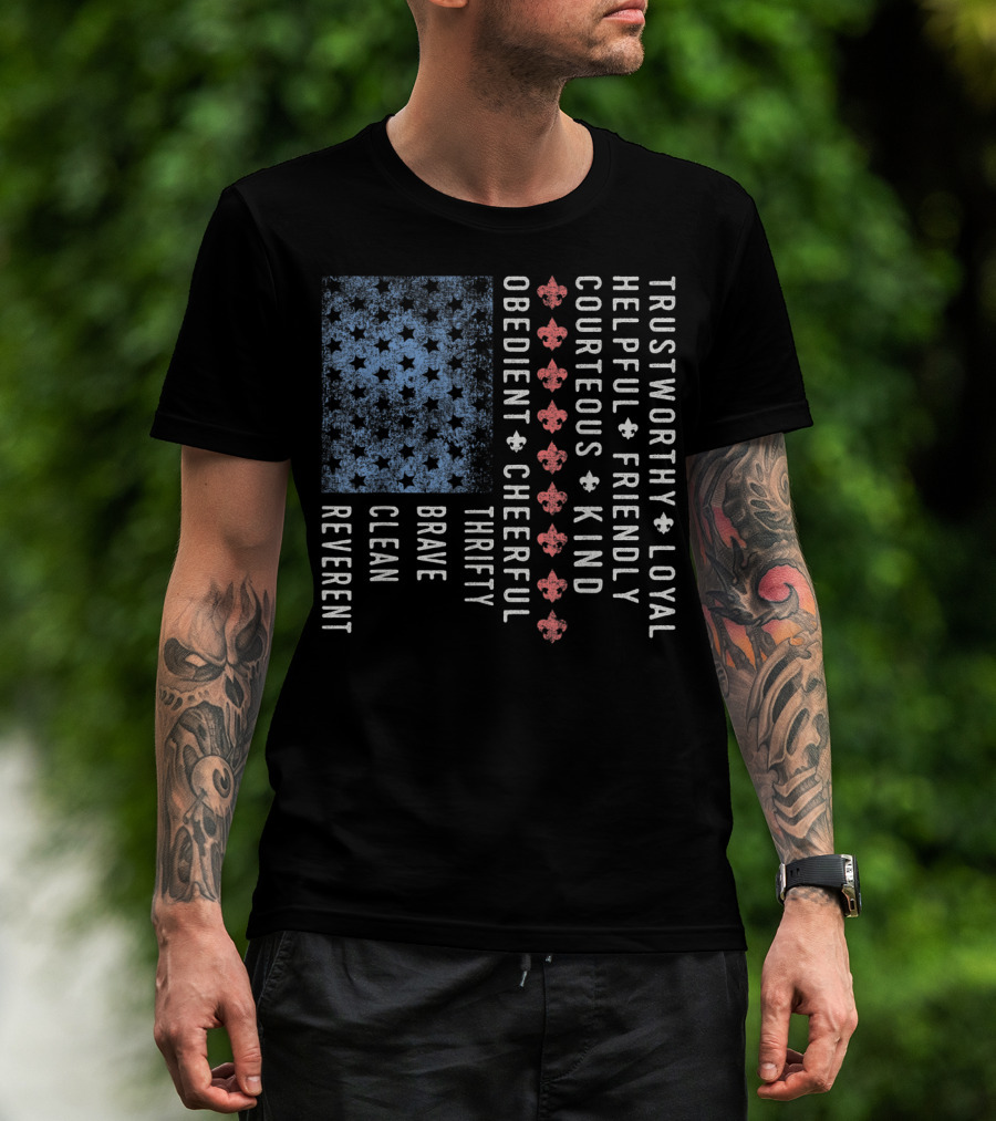 American Flag Trustworthy Loyal Helpful Friendly Courteous Kind Obedient Cheerful Thrifty Brave Clean Reverent Scout Law Vintage Scouting T-Shirt