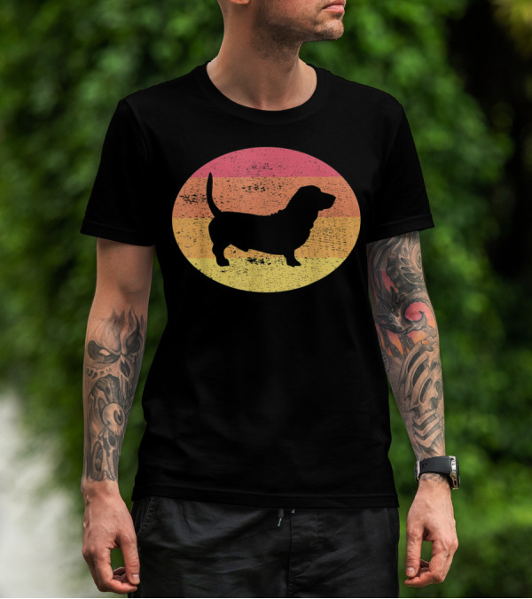 Basset Hound Silhouette Retro Vintage Dog Sunset Oval T-Shirt