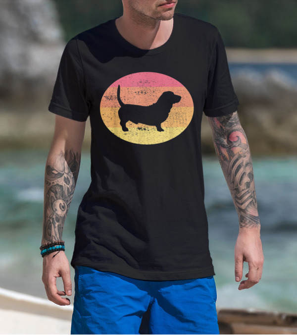 Basset Hound Silhouette Retro Vintage Dog Sunset Oval T-Shirt