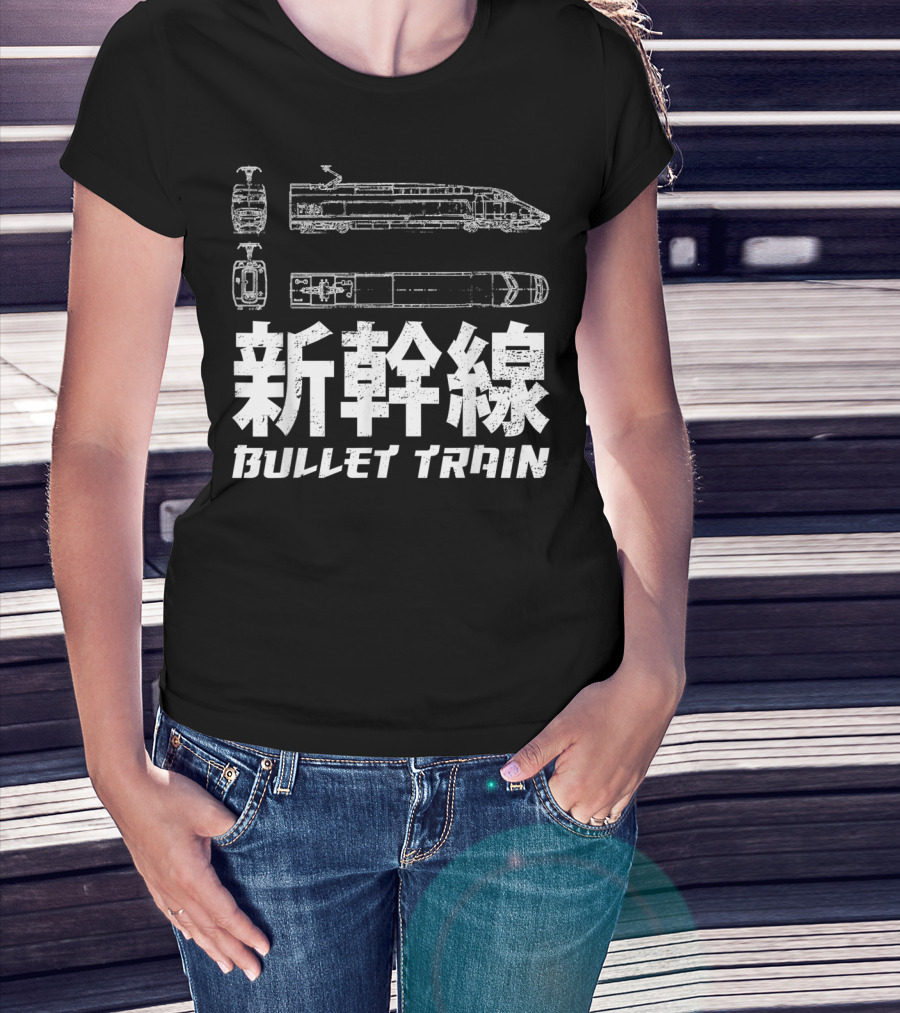 Shinkansen Bullet Train Blueprint Japanese Text T-Shirt