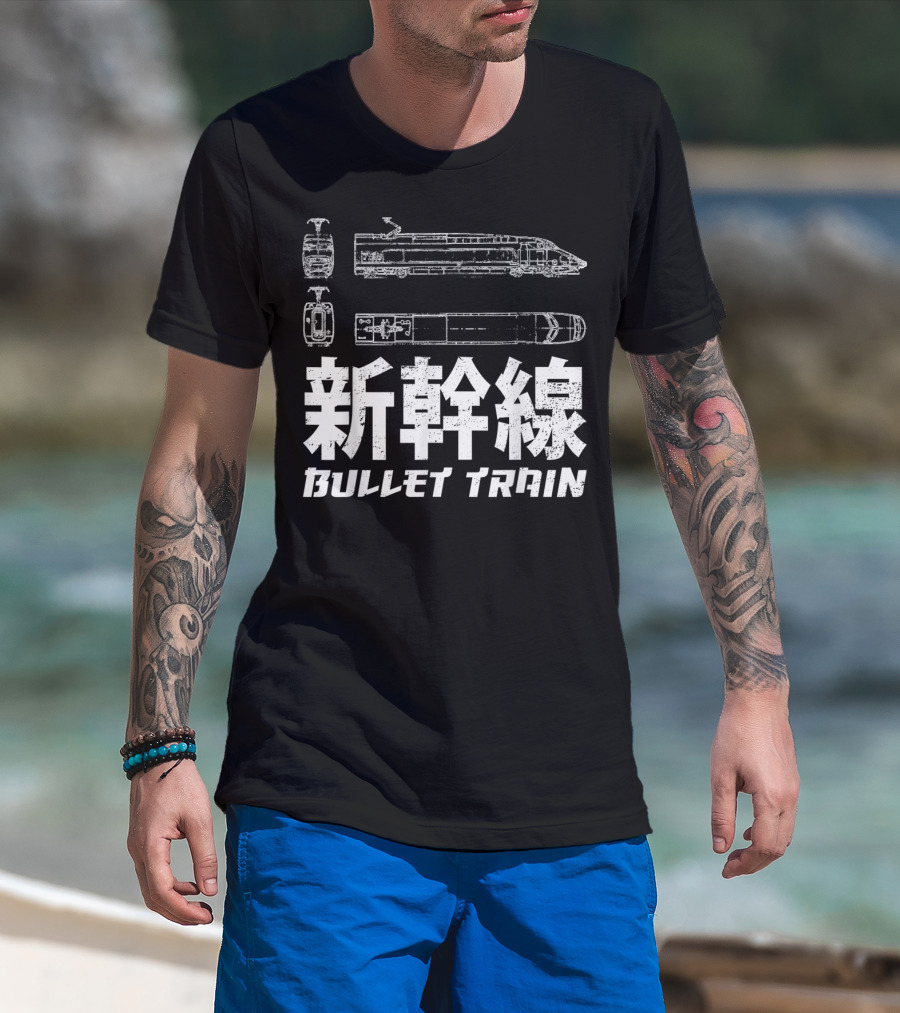 Shinkansen Bullet Train Blueprint Japanese Text T-Shirt