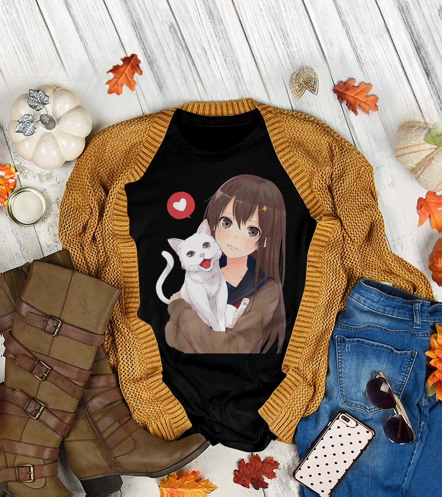 Cute Anime Girl with Adorable White Kitty Cat and Heart T-Shirt