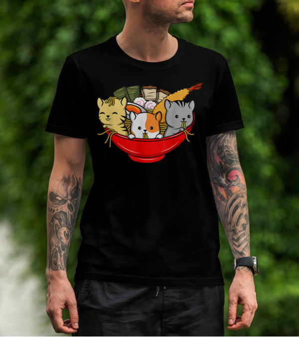Kawaii Cat Trio In Ramen Bowl With Japanese Anime Style Meal T-Shirt