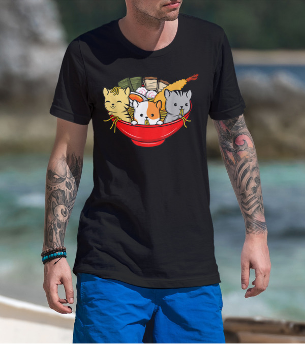 Kawaii Cat Trio In Ramen Bowl With Japanese Anime Style Meal T-Shirt
