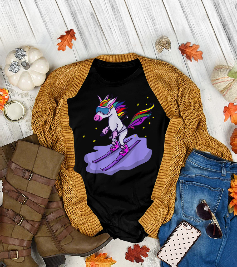 Cute Unicorn Skiing in Rainbow T-Shirt