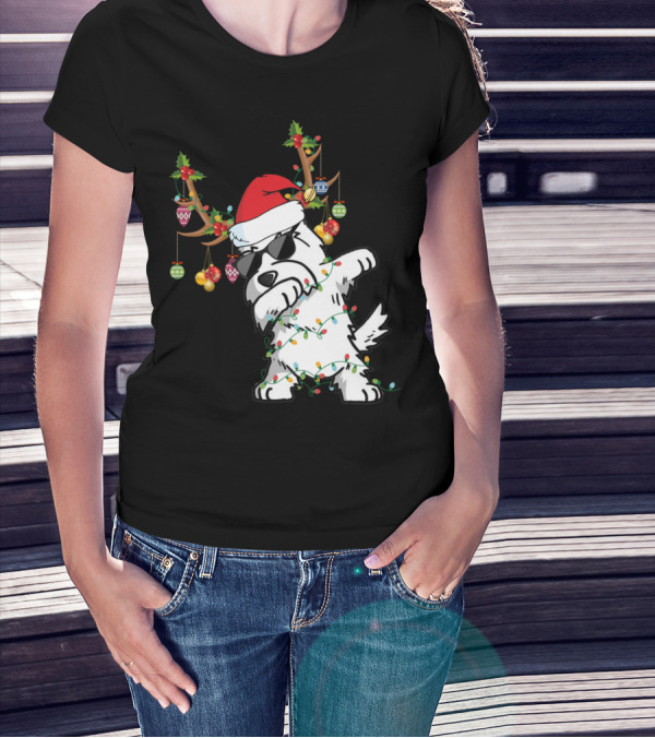 Dabbing Westie Dog Christmas Lights Santa Hat Reindeer Antlers Ornaments T-Shirt