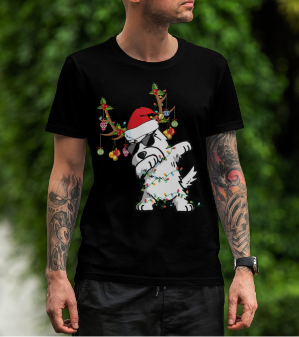 Dabbing Westie Dog Christmas Lights Santa Hat Reindeer Antlers Ornaments T-Shirt