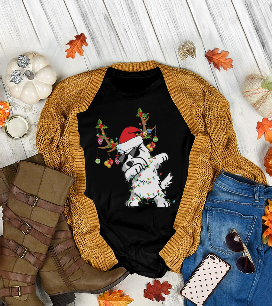 Dabbing Westie Dog Christmas Lights Santa Hat Reindeer Antlers Ornaments T-Shirt