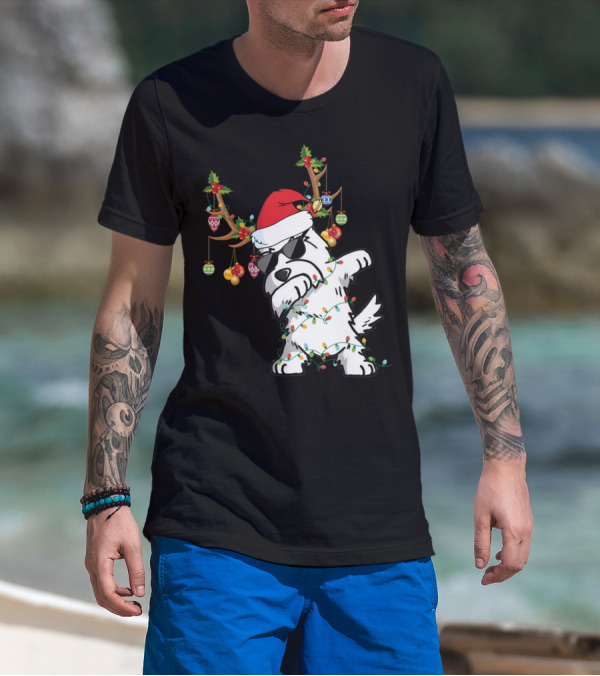 Dabbing Westie Dog Christmas Lights Santa Hat Reindeer Antlers Ornaments T-Shirt