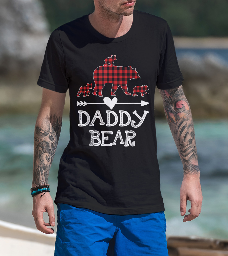 Daddy Bear Red Plaid Three Cubs Arrow Heart T-Shirt