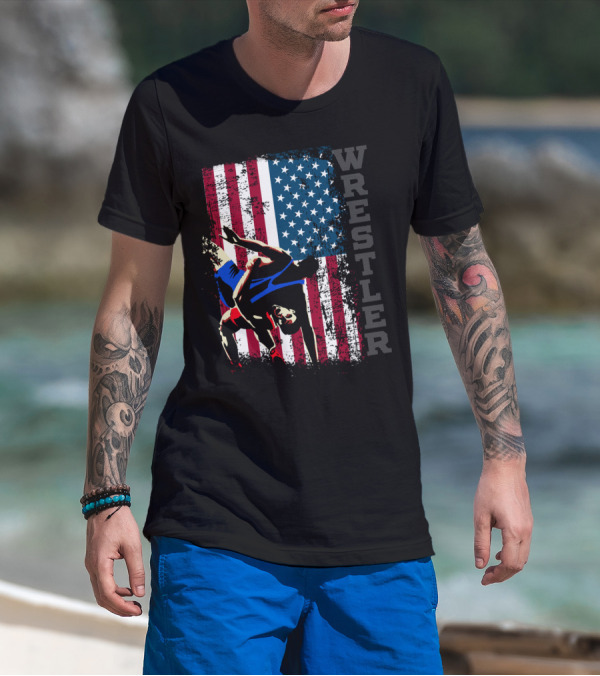 Wrestler Distressed American Flag Wrestling T-Shirt