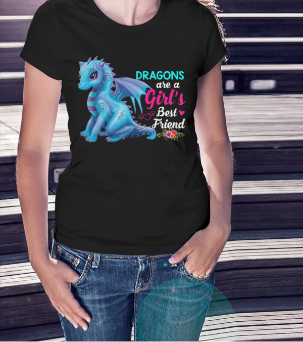 Dragons Are A Girl's Best Friend Cute Blue Dragon With Hearts And Flowers T-Shirt