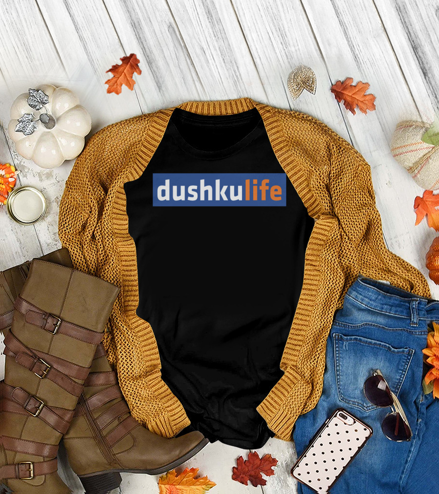 Dushkulife Logo Style Text in Orange and Blue T-Shirt