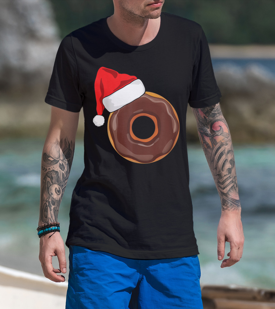 Santa Hat Chocolate Donut Christmas Humor T-Shirt