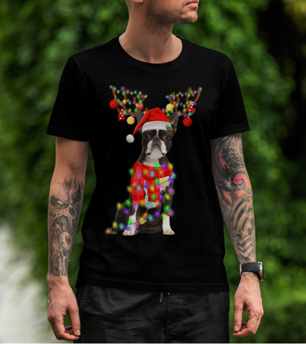 Funny Boston Terrier Christmas Reindeer With Santa Hat And Holiday Lights T-Shirt