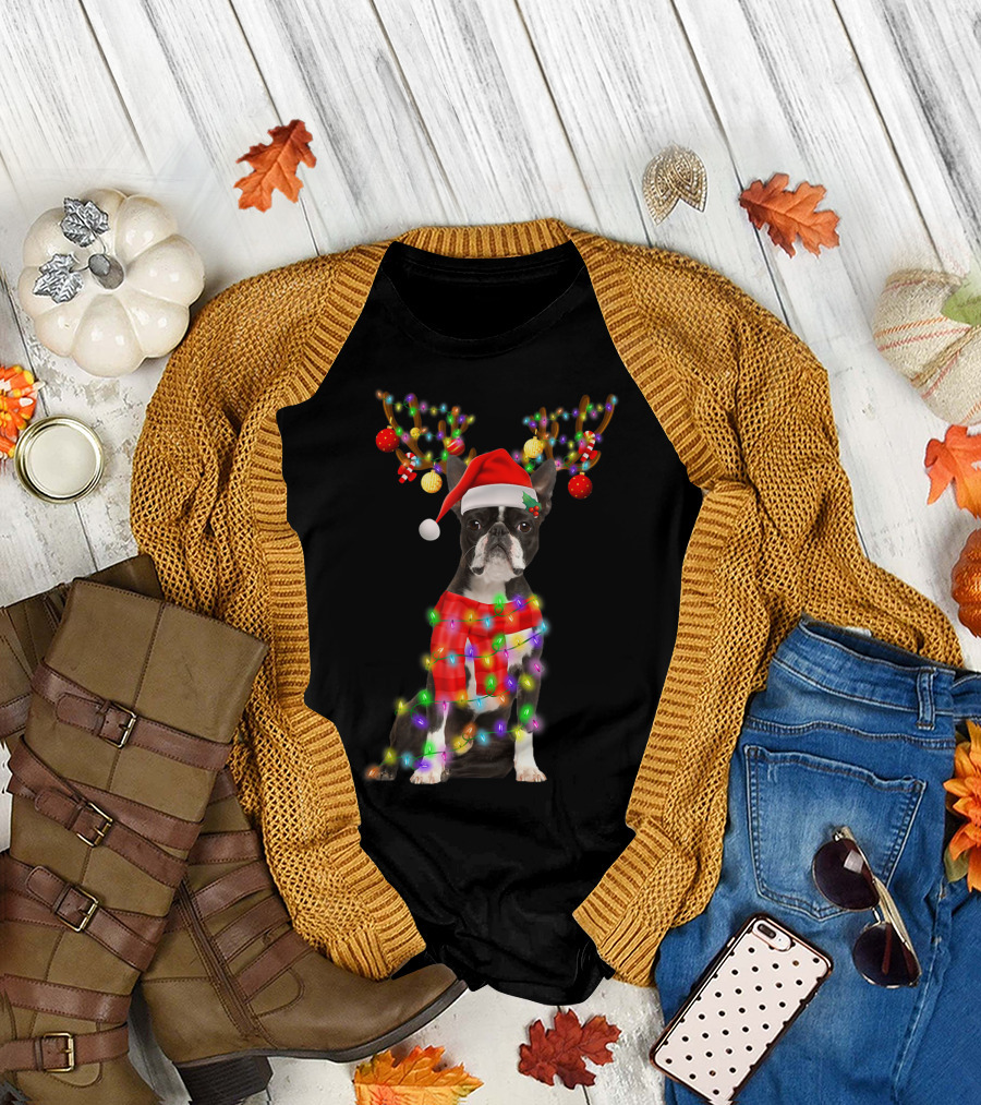 Funny Boston Terrier Christmas Reindeer with Santa Hat and Holiday Lights T-Shirt