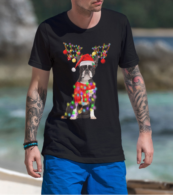 Funny Boston Terrier Christmas Reindeer With Santa Hat And Holiday Lights T-Shirt