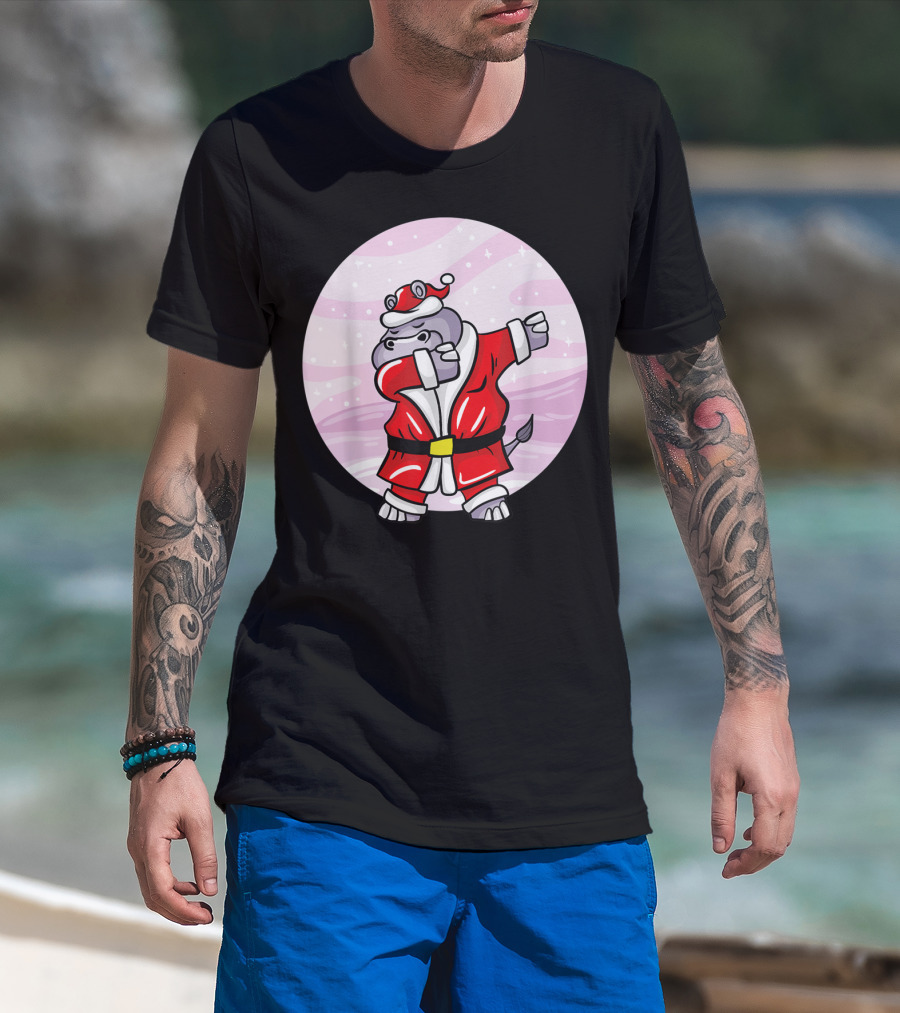 Funny Dabbing Christmas Santa Claus Hippo With Red Santa Suit T-Shirt