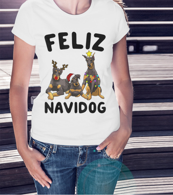 Feliz Navidog Doberman Pinscher With Reindeer Antlers Santa Hat And Christmas Lights T-Shirt