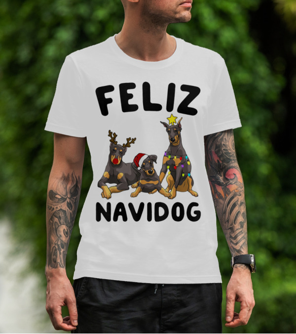 Feliz Navidog Doberman Pinscher With Reindeer Antlers Santa Hat And Christmas Lights T-Shirt