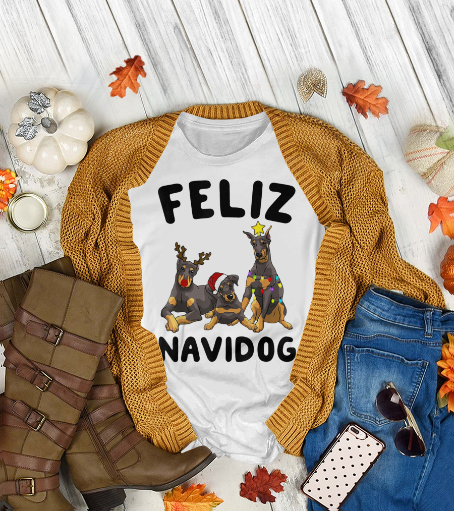 Feliz Navidog Doberman Pinscher with Reindeer Antlers Santa Hat and Christmas Lights T-Shirt